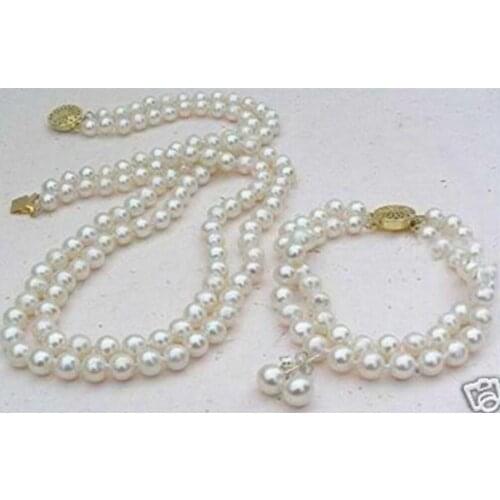 2 Rows White 8mm Akoya Cultured Shell Pearl Necklace Bracelet Earring Set LL001