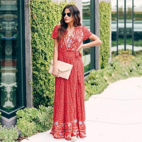 2020 Red Bikini Cover-ups Sexy V-neck Short Sleeve Boho Summer Beach Dress Plus Size Women Beach Wear Swim Suit Cover Up Q1094