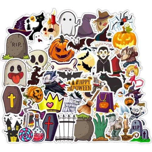 50pcs Halloween Witch Sticker Trolley Box Magic Hat Pumpkin Cute Waterproof Skateboard Graffiti Mug Stickers