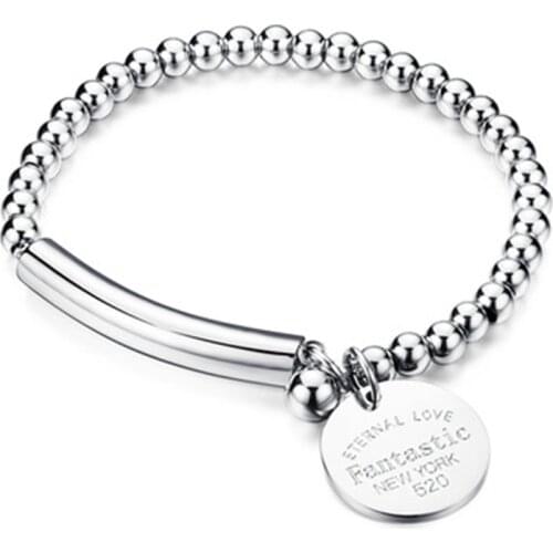 "Fantastic Eternal Love" Bangle Stainless Steel Ball Beads Bracelet For Women Circle Tag Charm Stretch Strand Bracelet K001-3