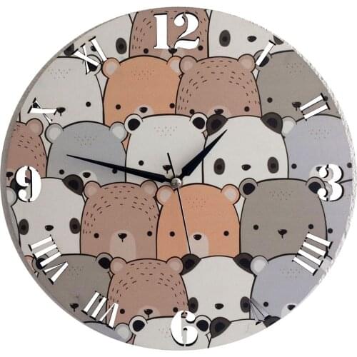 Wooden Silent Quartz Circle Funny Bears Wall Clock 30x30cm Modern Design