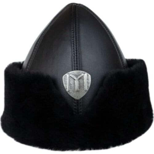 Mens GOOD Black Furry Genuine Lambskin Resurrection Ertuğrul Börk Ottoman Style Male Leather Beanie Warm cap Ertuğrul Gas