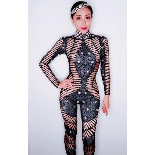 Christia Bella Stretch Rhinestones Bodysuit Stage Performance Nightclub Party Celebrate Women Sexy Stage Wear Print Jumpsuit