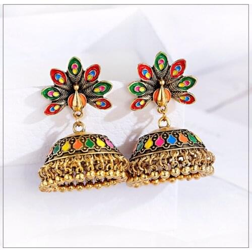 Ethnic Womens Bollywood Kundan Gold Color Peacock Indian Jewelry Gypsy Vintage Ethnic Boho Tribe Jhumka Earrings Jewelry