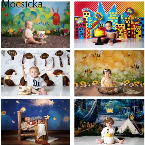 Newborn kids Photography backdrop superhero football bee Caterpillar Children Birthday Theme Photo Background Cake Smash Decor