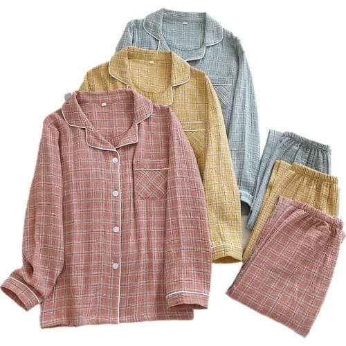 Four Seasons Woven Cotton Lapel Thin Plus Size Crepe Couple Pajamas Men and Women Double Gauze Home Set Pink Plaid Sleeping Tops