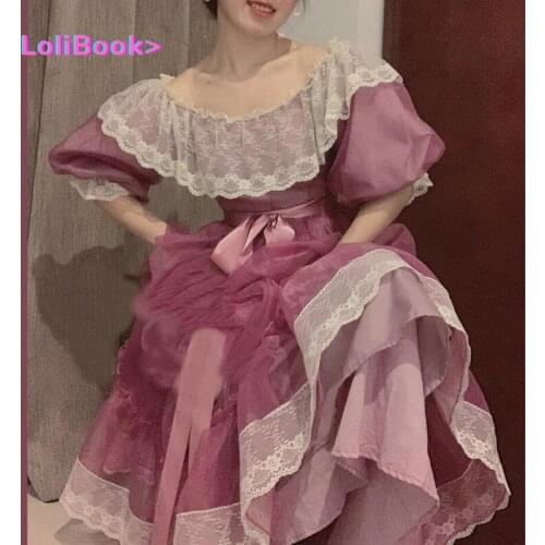 Lolibook Cottagecore Dress Purple Organza Lace Ruffled Shoulder Victorian Long Literary Retro Fairy Dress
