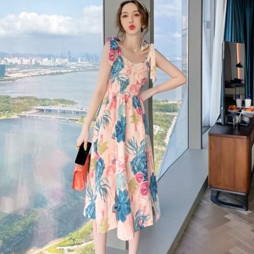 Fashion Summer Vintage Casual Midi Party Dress Ladies Sweet Streetwear Sexy Strap Sleeveless Floral Print Beach Vacation Dress