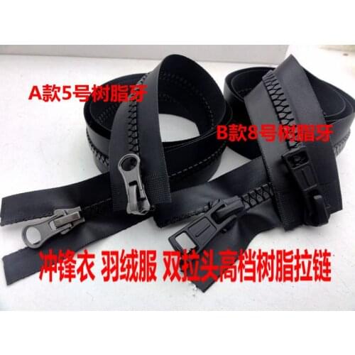 Black resin open-end waterproof 5# 8# double sliders two zip head 80cm for Climbing wear down jacket garment clothes Ski suit