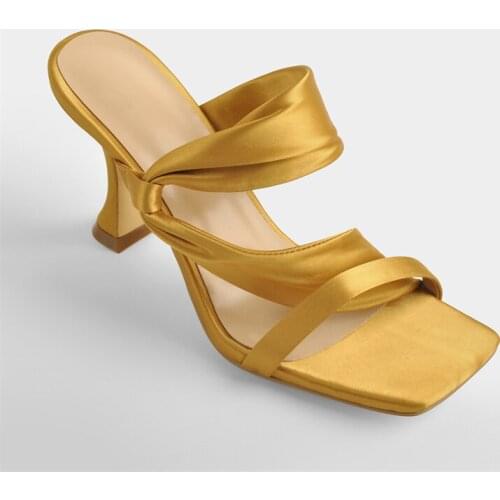 Richealnana Elegant Slip-On Shoes For Women Silk Ruched Square Toe Sandal Summer Kitten Heel Narrow Band Slipper Wedding Party