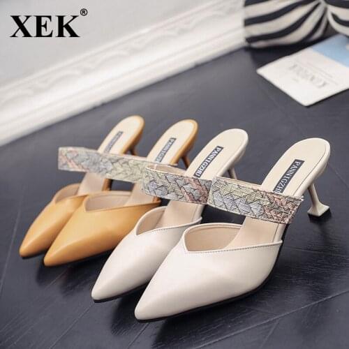 XEK 2018 Pointed Slim High Heel Sandals Student Female Slippers Wild Women Half Drag Slippers Holiday Beach Slides Women JH233