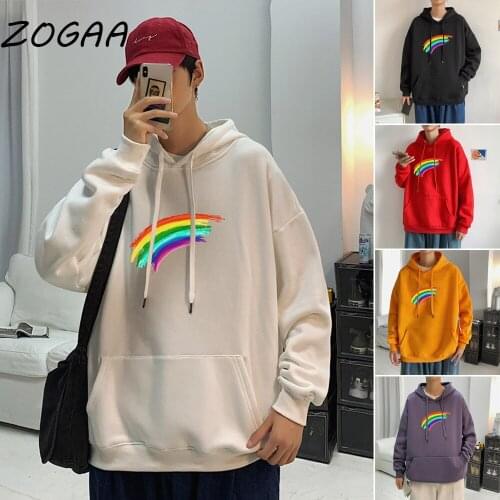 ZOGAA Spring Trendy Mens Hoodie Thicken Personality Rainbow Harajuku Loose Streetwear Sweatshirt Hip Hop Youth Mens Womens