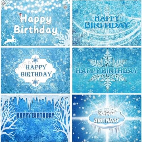 Happy Birthday Blue Frozen Backdrop for Photography Ice Snow Freeze Princess Girl Birthday Party Photo Studio Background Vinyl
