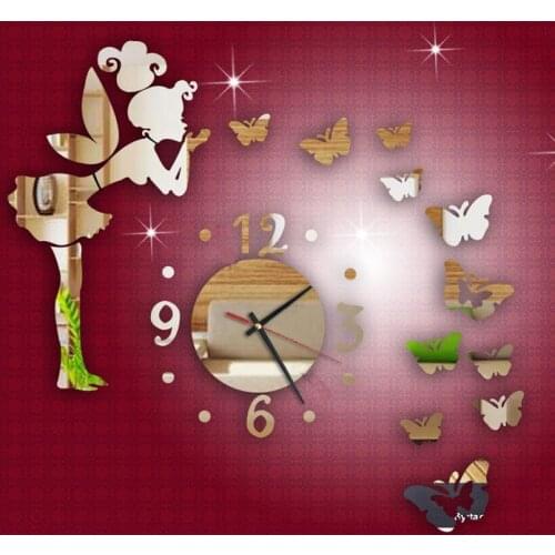 Modern Style Butterfly Fairy DIY Mirror Wall Clock Wall clock Home Decor New Table clock Gift fashion Clock Use AAA batteries