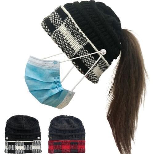 2021 Fashion Winter Keep Warm Cap Button Hanging Mask Large Lattice Crimped Knitted Horsetail Hat Womens Christmas Wool Hat