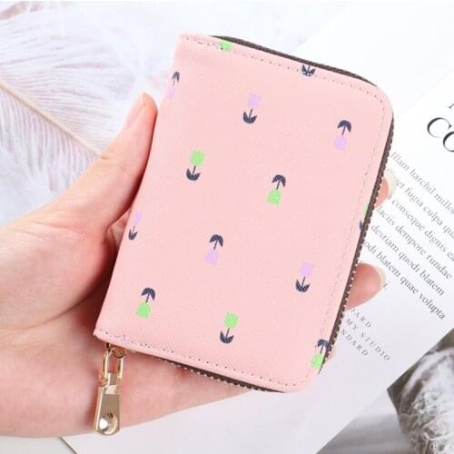 Flower Pattern Women Bank ID Credit Card Holder Wallet With Zipper Coin Pocket Female Business Card Case PU Leather Small Purse