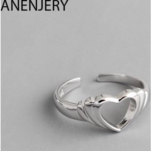 ANENJERY 925 Sterling Silver Temperament Hollow Love Heart Smooth Opening Ring Sweet Finger Ring For Women Best Gift S-R582