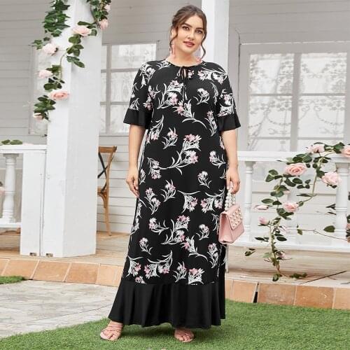 2021 Women Summer Dress Plus Size 5XL Female Short Sleeve Floral Print Ruffles Dress Black Large Size Maxi Long Dresses