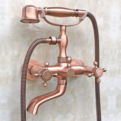 Antique Red Copper Brass Double Cross Handles Wall Mounted Claw Foot Bathroom Tub Faucet Mixer Tap With Handshower mtf803