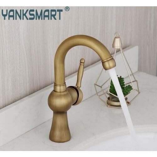 YANKSMART Antique Brass Bathroom Faucet Washbasin Deck Mounted Single Handles Faucet Basin Sink Hot And Cold Mixer Water Tap