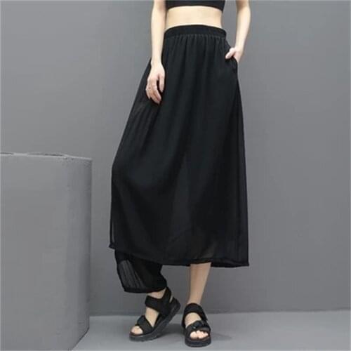 Europe and the United States irregular chiffon Patchwork Fake two-piece Pants Skirt 20201summer thin asymmetric womens pants