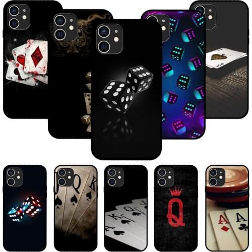 For iPhone 11 12 8 Plus Mini Pro X XR XS Max 4 5 7 6 6S 8 SE Phone Case Black Cover Etui Luxury Gamble Playing Cards Ace