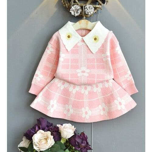 DFXD Autumn Winter Toddler Girls Sets Fashion Embroidery Collar Floral Knitted Sweater+Pleated Skirt Princess Costume Kids Sets