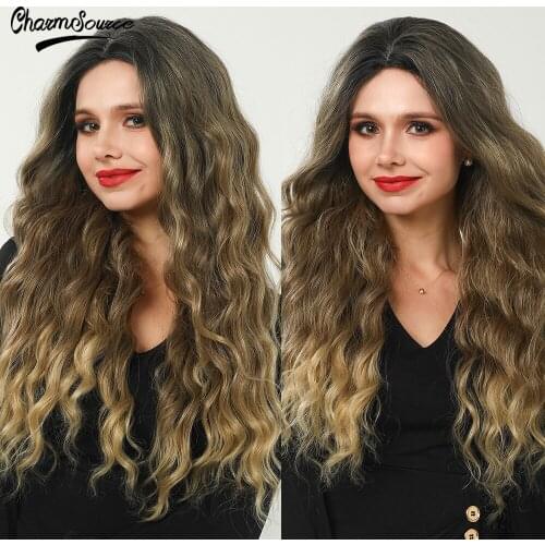 CharmSource Long Wavy Front Lace Synthetic Wigs Dark Olive for Black White Women Daily Hair Wigs High Density Heat Resistant