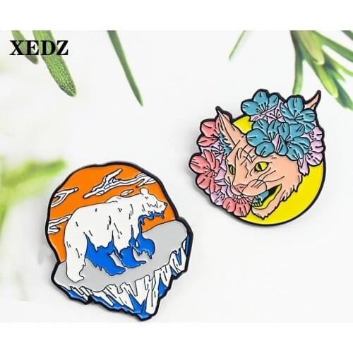 XEDZ Polar Bear Pink Tiger Enamel Pin Glacier Sunset Bear Flower Brutal Tiger Miss Couple Insignia Fashion Clothing Lapel Brooch