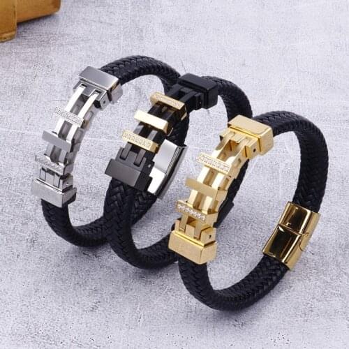 European and American trend creative stainless steel cowhide bracelet retro black titanium steel rope bracelet