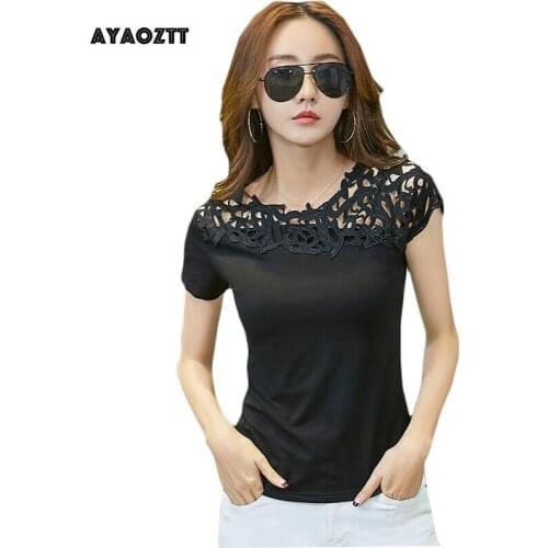 Summer Women T shirts Black White Women Lace Cotton Patchwork Basic T-shirts Casual Tops Short Sleeve Tee Shirt Femme 4XL