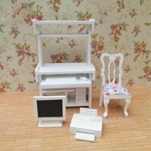 1:12 Dollhouse Mini Computer Table Complete Set and Wooden Swivel Chair Model for Dollhouse Furniture Decoration Accessories