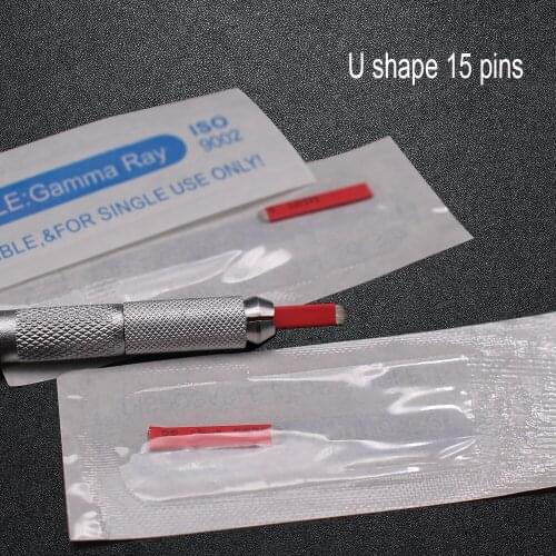 100pcs/lot Red U Shape 15 Pins Blades Permanent Makeup Microblading Needles For 3D Embroidery Tattoo Manual Pen
