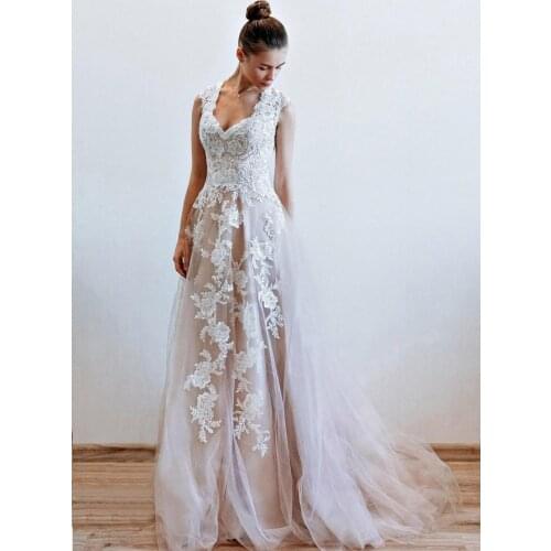 Champagne Lace Wedding Dresses for Bride 2021 V Neck Sleeveless Backless Bridal Gowns vestido de noiva