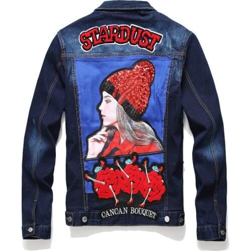 Fashion New Mens Casual Slim Denim Jacket European And American Style Embroidered Beauty Badge Punk Hip-hop Denim Jacket Coat