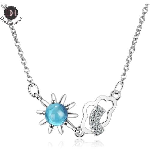 Dreamhonor 925 Sterling Silver Fashion Star Cloud Blue Artificial Crystal Painted Five-pointed Star Pendant Necklaces Long 45CM