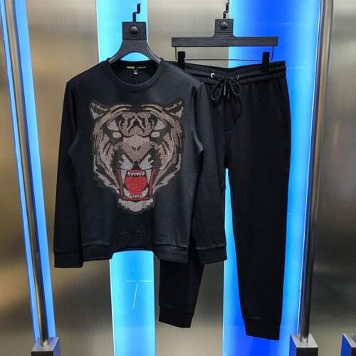Mens Tracksuit Casual Sets Shiny Luminous Oversized Jogging Hip Hop Diamond Black Tiger Head Autumn Winter