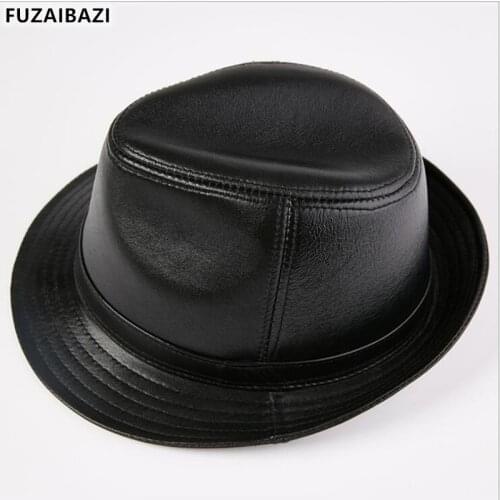 FUZAIBAZI New Style Autumn Winter Genuine Leather Mens Hats Flat Top Sheepskin Top Hat Fashion Panama Jazz Hat