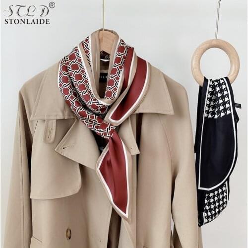Novelty Double Side Chain Striped Plaid Printing Satin Silk Womens Neck Scarf Spring Autumn 2021New Party Gift Ladies Scarves