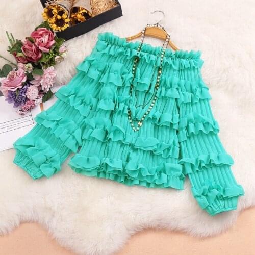 Autumn New Womens Net Red Chiffon Shirt Age Reduction Sexy One-line Collar Fungus Lace Top LL1003