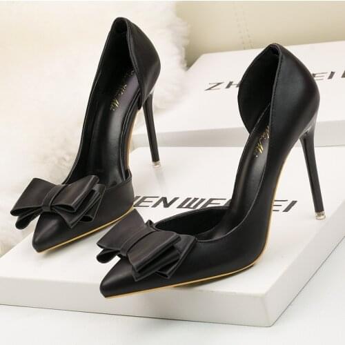 NEW 10.5CM PUMPS Womens shoes Fashion sweet bow stiletto high heel shallow mouth pointed side hollow single shoes