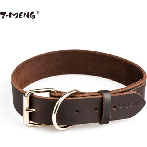 Real Leather Dog Collars Brown Black Solid Color Sample Dogs Necklace Metal Buckle Accessories T-MENG Brand Small Large Size