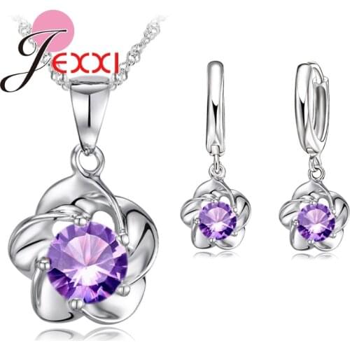 Luxury Classic 925 Sterling Silver Rose Flower Necklace Purple Cubic Zirconia Stud Earrings Bride Wedding Jewelry Sets