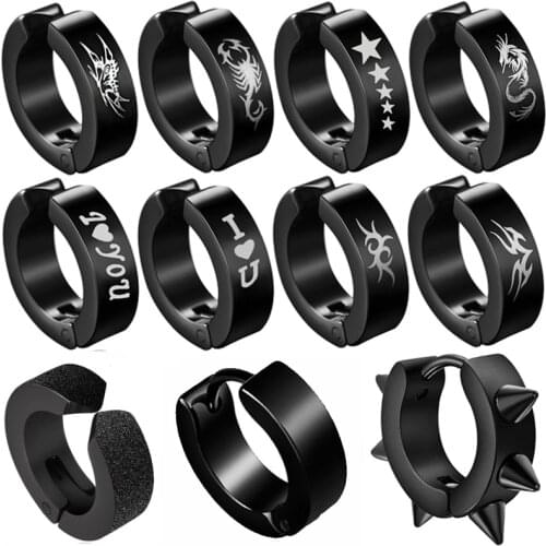 Titanium Stainless Steel Black Round Hoop Earrings Butterfly Star Flame Dragon Love Heart Wholesale Punk Unisex HipHop Man