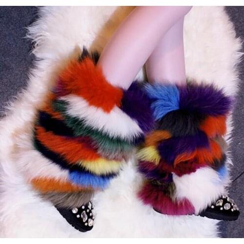 Sestito Women Multi Color Fur Slip-on Mid-calf Boots Ladies Bling Crystal Round Toe Winter Snow Boots Girls Casual Flat Boots