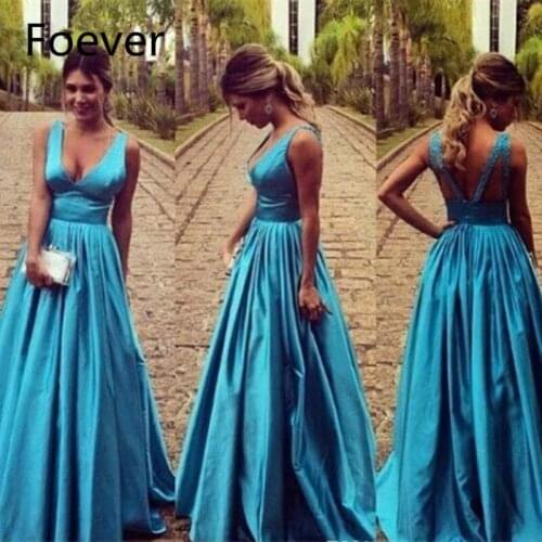 Blue A Line Evening Dresses 2019 Deep V Neck Backless Formal Women Holiday Wear Celebrity Party Gowns Plus Size Custom Made