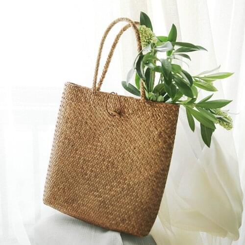 Straw Bags Straw Bag Solid Color Mori Girl Summer Sleeping Mat Hand-woven WOMENS Bag Rattan zhu bian bao Shoulder Bag