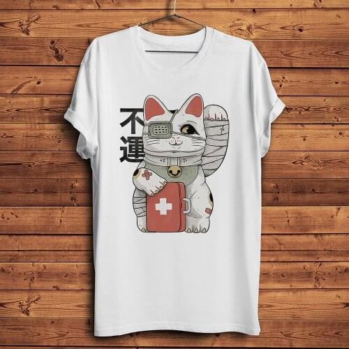 Unlucky wounded Maneki Neko Cat funny anime tshirt men new white casual short sleeve unisex cute streetwear t shirt