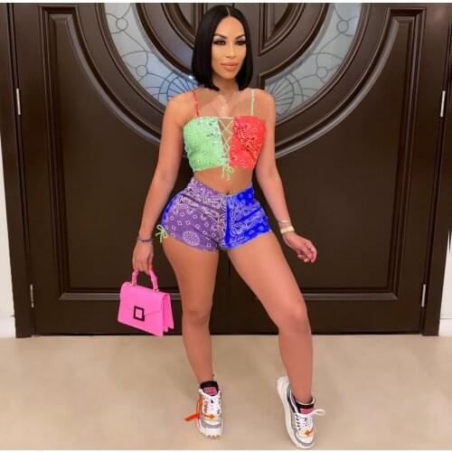 2 Pieces Sport Suits Women Summer Shorts Sets Print Sleeveless Spaghetti Strap Crop Tops+High Waist Shorts Casual Party Clubwear