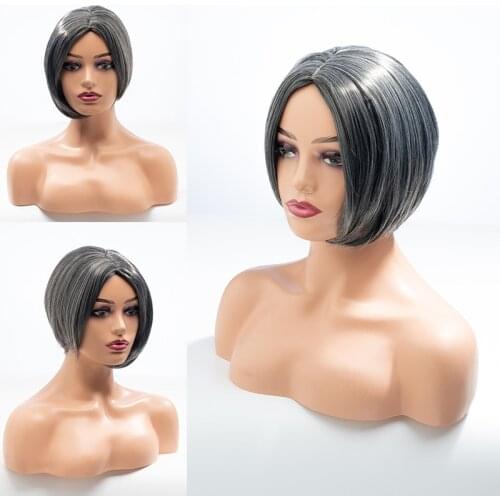 Ladies synthetic wig, natural wig, mixed silver and black, heat-resistant role playing 10 inches